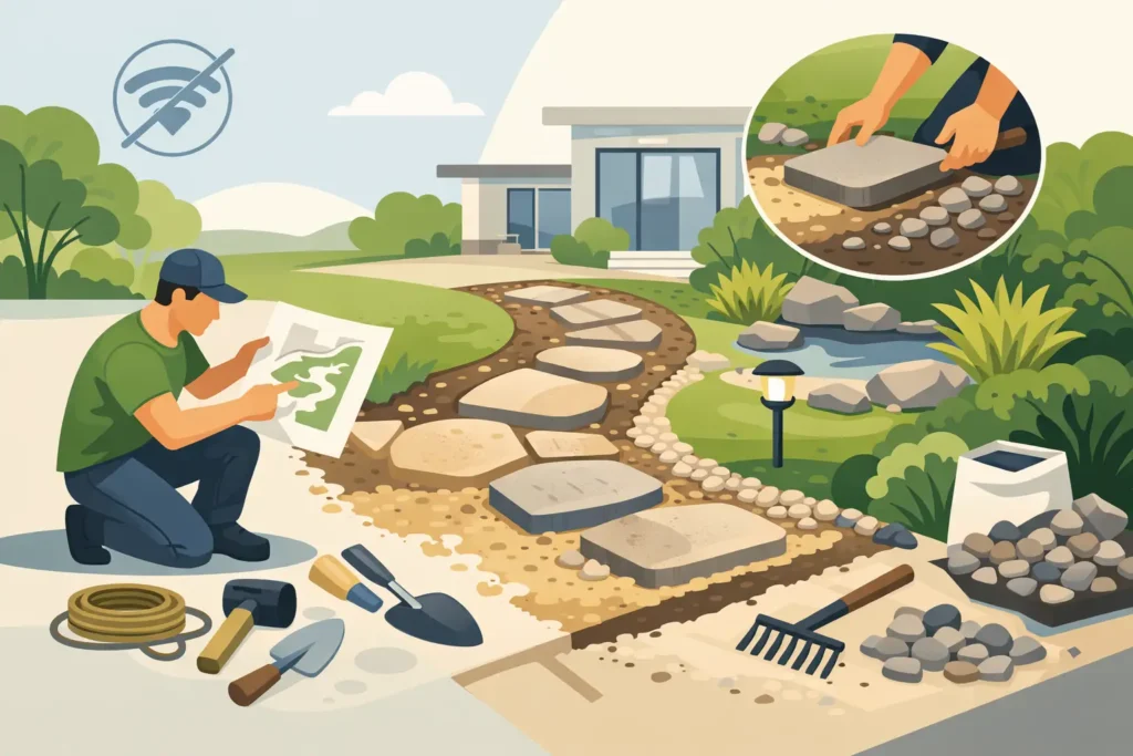 Een tuinpad project zonder bedrading aanpakken