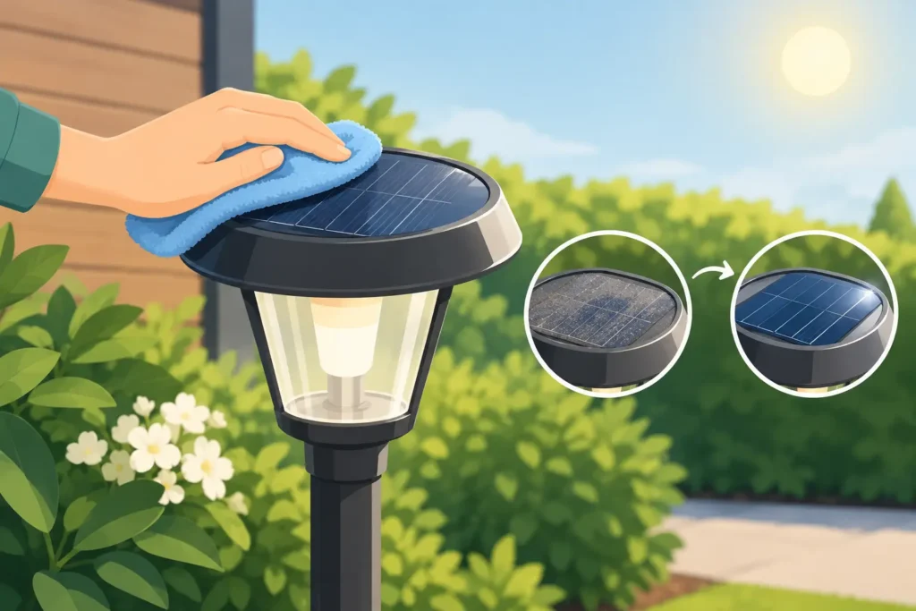 Tuinlamp zonnepaneel reinigen voor meer licht